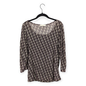 Vintage Simon Kneen Nude Sheer Mesh Velvet Purple Logo Pattern 3/4 Sleeve Blouse